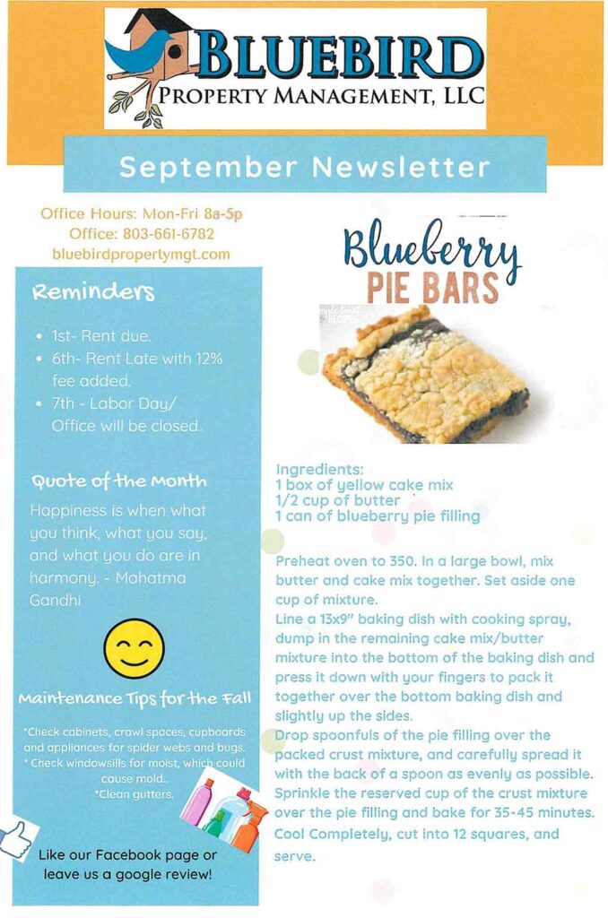 September 2020 BlueBird Property Newsletter & Events