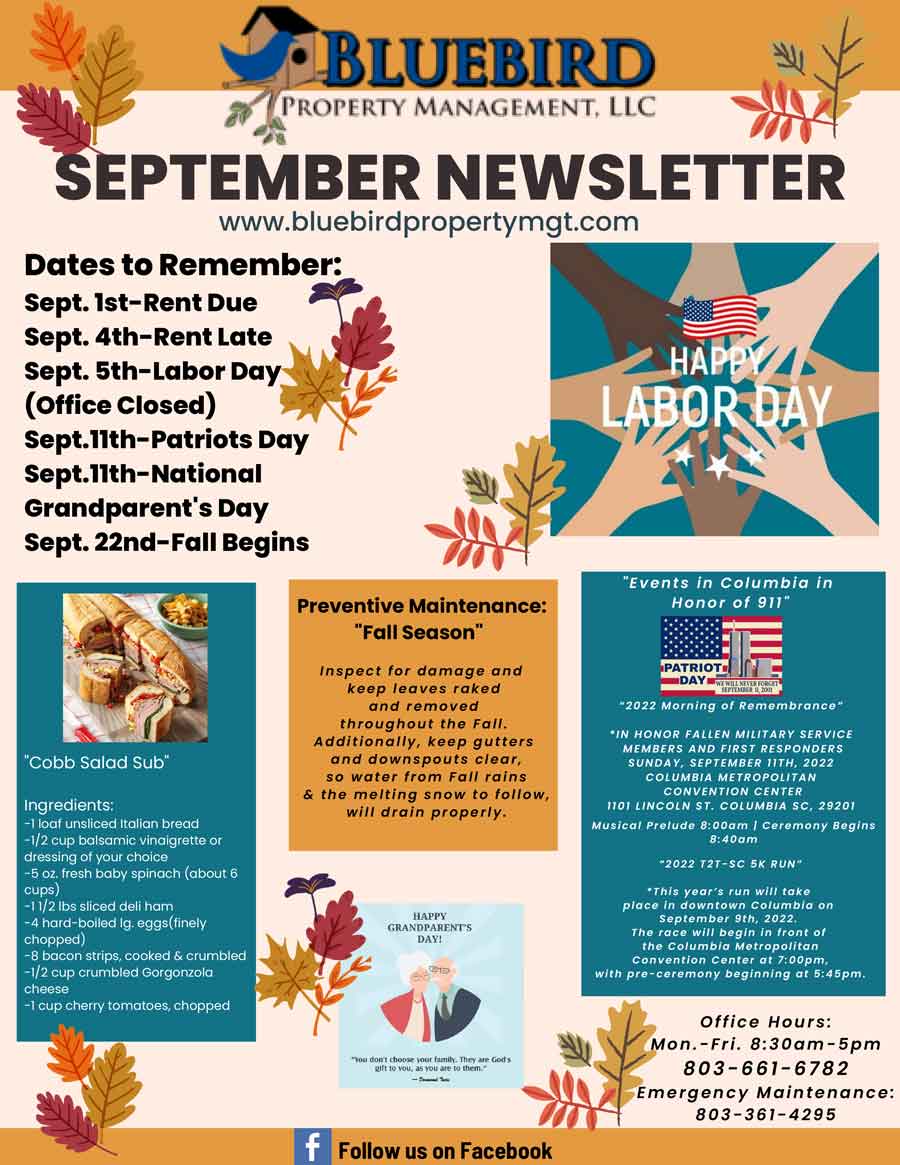 This is a photo of the Bluebird Property September 2022 newsletter.
